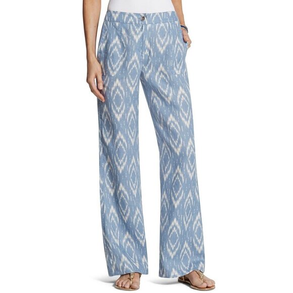 Chico's Ikat Blue White 100% Linen Tie Dye Abstract Print Wide Leg Pants - Picture 1 of 12
